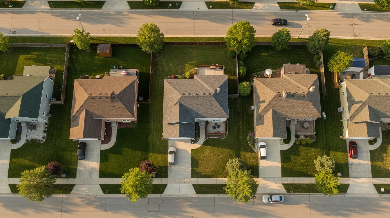 An aerial view captures a suburban neighborhood with neatly arranged houses, manicured lawns, and visible driveways, showcasing the layout and organization typical of residential areas. This image reflects the essence of community living, ideal for those interested in real estate or suburban life.