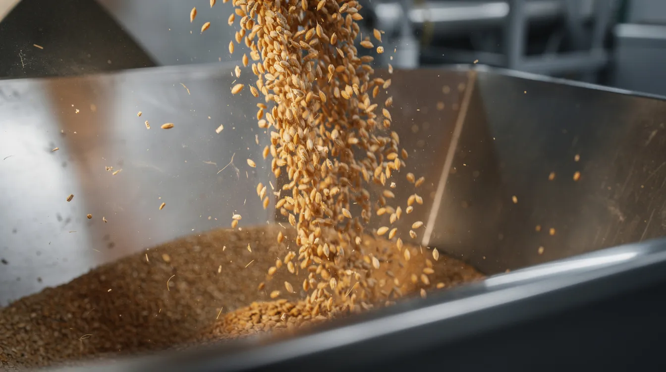83a094af 75fb 4041 9d97 0f091290639b A close-up view captures golden wheat grains being poured into the hopper of an industrial roller mill, a crucial step in processing wheat for the production of flour and other cereals. The image highlights the raw materials that are essential for milling operations, reflecting the importance of equipment and facilities in the wheat milling product mix optimization process.