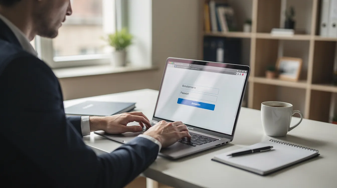 Eine Person sitzt an einem Schreibtisch vor einem Laptop, auf dem ein Browser geöffnet ist, und gibt ihre Zugangsdaten für das Onlinebanking der Volksbank ein. Der Fokus liegt auf der Anmeldung, während sie ihre Bankgeschäfte sicher verwaltet.