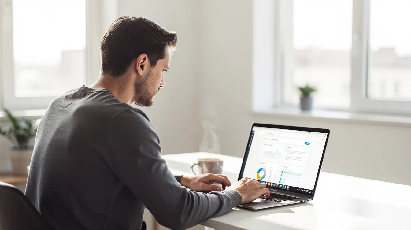A person is seated at a bright, modern workspace, intently looking at a laptop screen, with a coffee cup placed nearby, symbolizing the convenience of digital payments and the innovative technologies that facilitate secure transactions in today’s global economy. This scene reflects the evolving landscape of payment solutions, where businesses and consumers engage in seamless money movement.