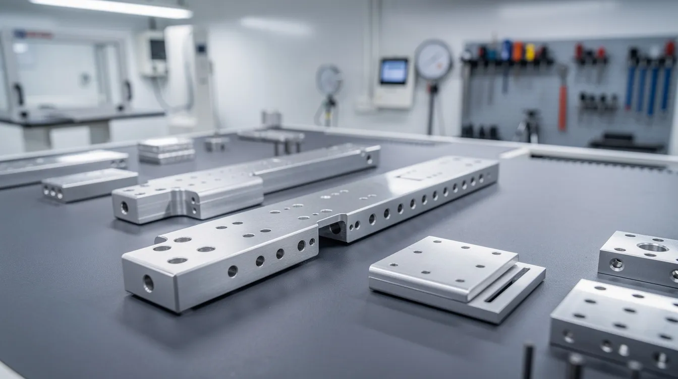 The image features a close-up view of precision sheet metal components meticulously arranged on an inspection surface within a clean factory environment, highlighting the quality control aspect of sheet metal fabrication. This setup suggests a focus on precision engineering and the manufacturing process, essential for industries such as medical devices and heavy equipment.