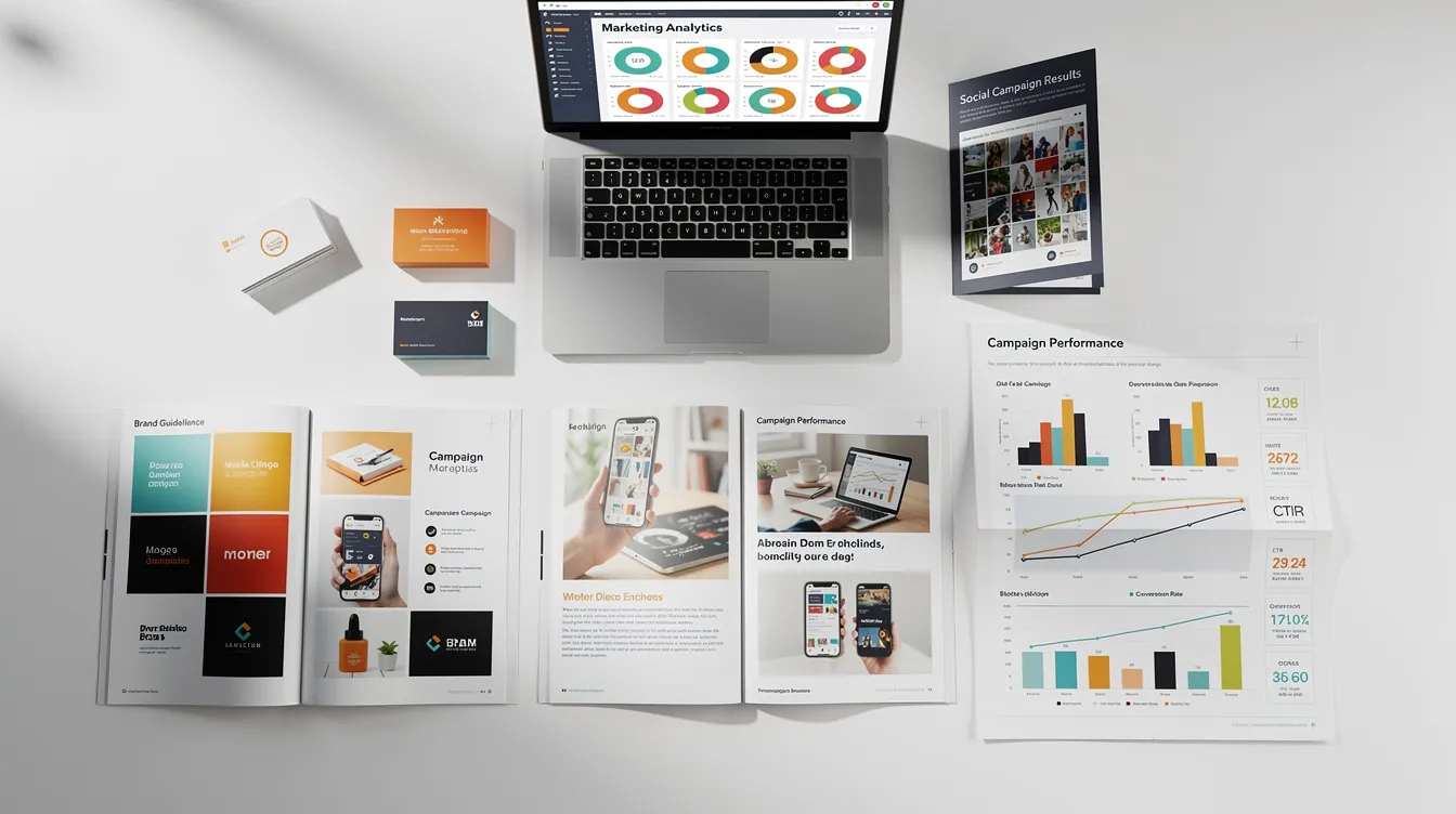 The image depicts a professional portfolio spread featuring a variety of marketing documents, including campaign results, content marketing strategies, and performance tracking metrics. This collection showcases the effectiveness of digital marketing techniques and the importance of engaging content in achieving business goals.