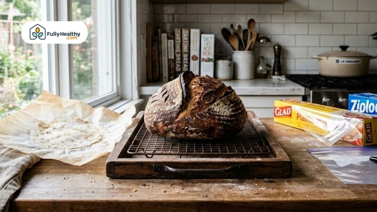 Whole sourdough loaf cooling on rack beside plastic wrap and freezer bag.