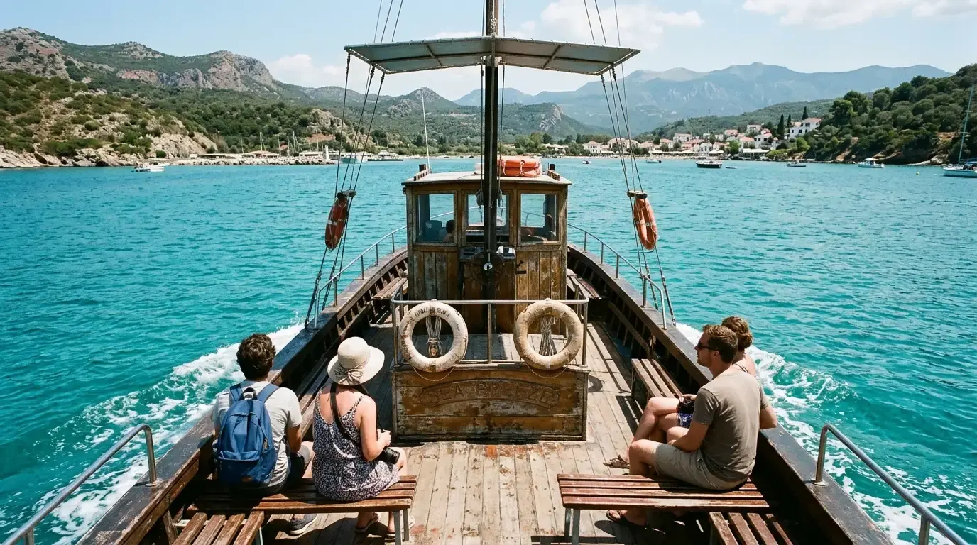 Travellers sitting on the deck of a wooden ferry crossing a turquoise bay