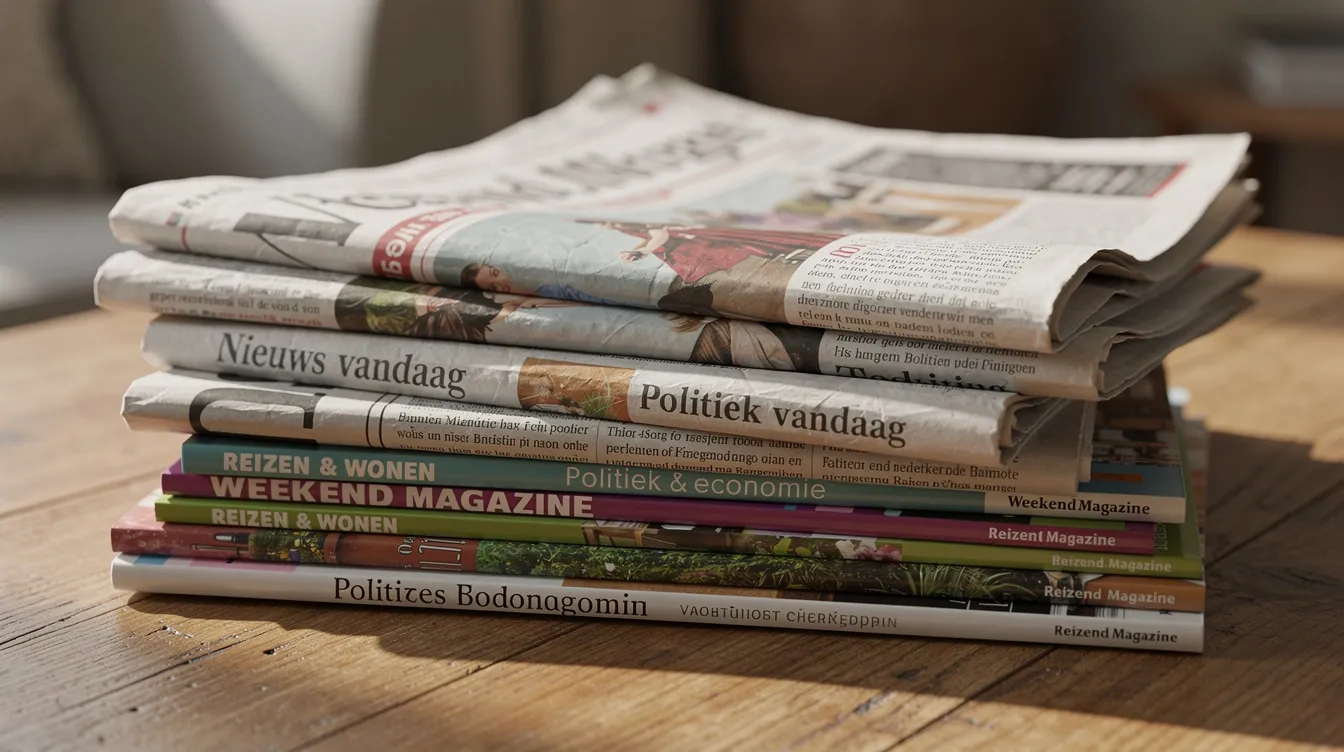 Op de tafel ligt een stapel kranten en tijdschriften, die samen een breed scala aan waardevolle informatie bieden. Deze publicaties bevatten zowel gratis artikelen als premium content, waardoor lezers toegang krijgen tot moderne journalistiek.