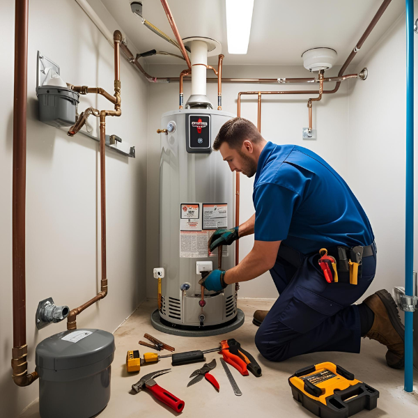 An image showing a hot water heater being repaired in a Phoenix home.