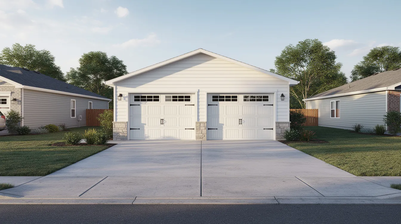 The image depicts a detached two-car garage set against a suburban backdrop, featuring a concrete driveway. This structure may require homeowners insurance to ensure adequate coverage for detached garages and other structures, protecting valuable tools and equipment stored within.