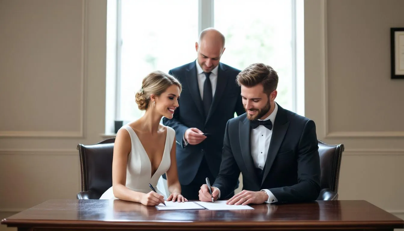 Das elegante Brautpaar steht am Tisch des Standesbeamten im weißen Saal eines Standesamtes in Stuttgart, während sie ihre Urkunden unterzeichnen. Die Atmosphäre ist feierlich und romantisch, umgeben von einer stilvollen Kulisse, die den besonderen Moment der Eheschließung unterstreicht.