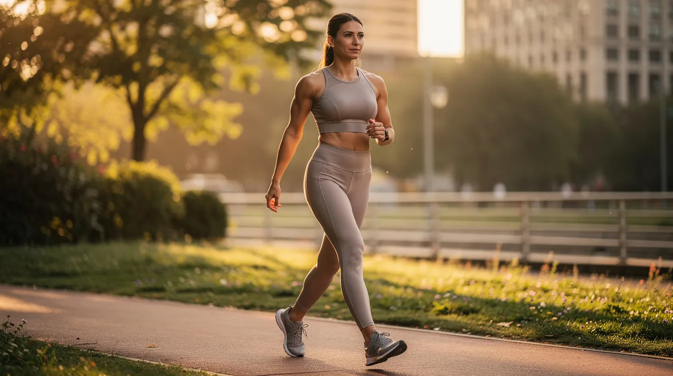 A woman in fitted athletic wear confidently walks outdoors, showcasing her natural, toned silhouette that highlights her body contouring. The image reflects the results of treatments like Sculptra injections, which stimulate collagen production for a subtle lift and natural looking results.