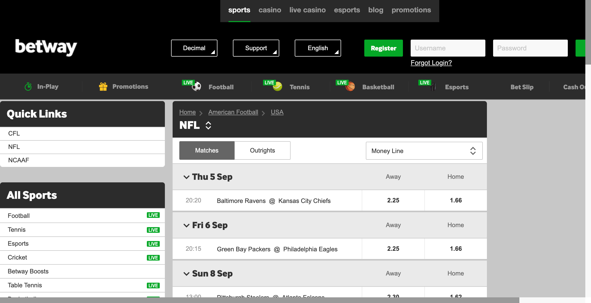 A desktop view of Betway's NFL offerings in Canada.