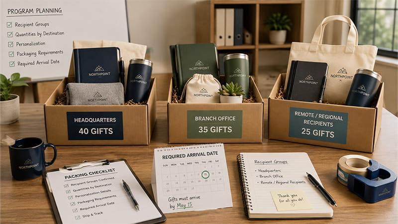 Multi-office employee gift allocation plan with 40 gifts for headquarters, 35 for a branch office, and 25 for remote recipients