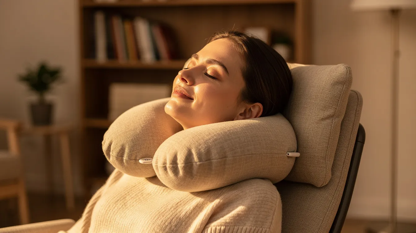 A person is sitting comfortably in a supportive chair, wearing a U-shaped neck massager on their shoulders, with their eyes closed in a cozy room filled with warm lighting. This serene setting suggests a focus on relaxation and relief from neck pain, enhancing indoor air quality for a peaceful atmosphere.