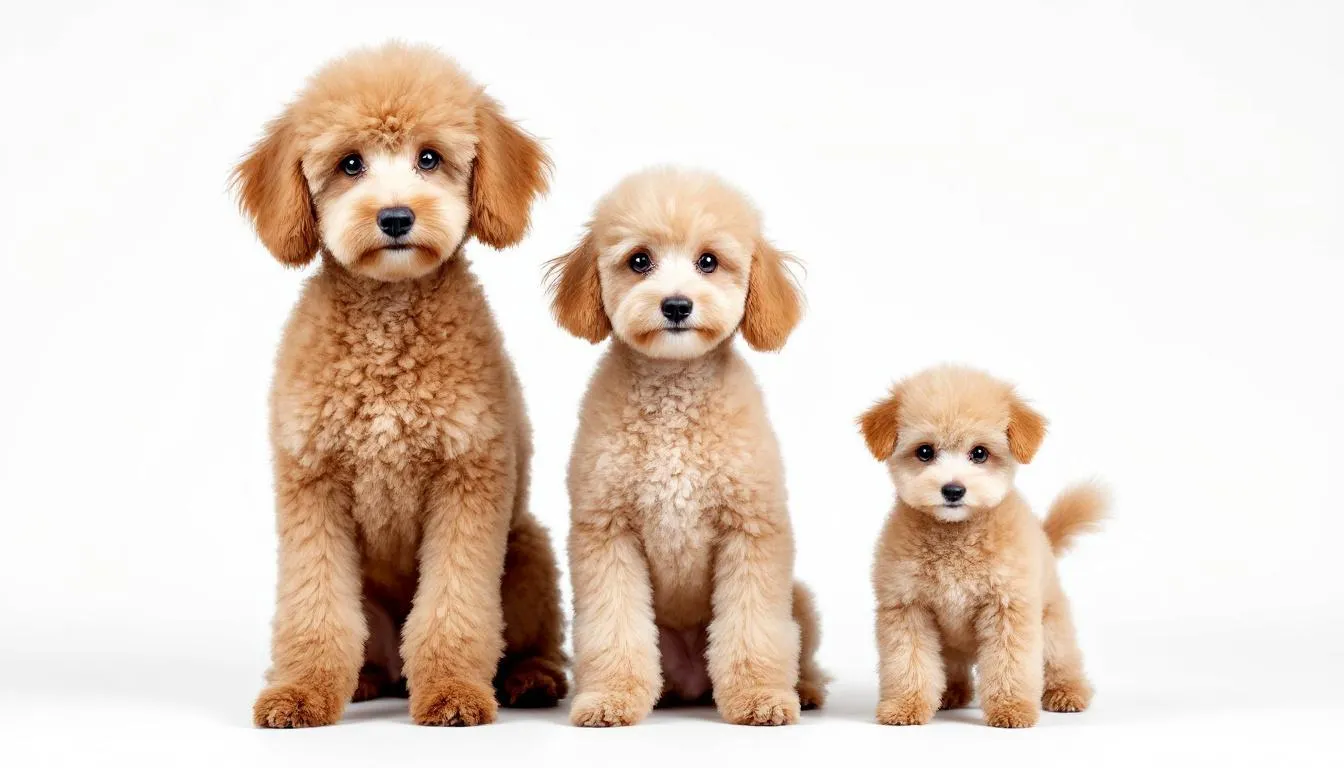 In the image, three Poodles of different sizes—Standard, Miniature, and Toy—stand side by side, showcasing their distinctive harsh curly coats and proper proportions. Each Poodle displays unique traits, such as the Standard Poodle