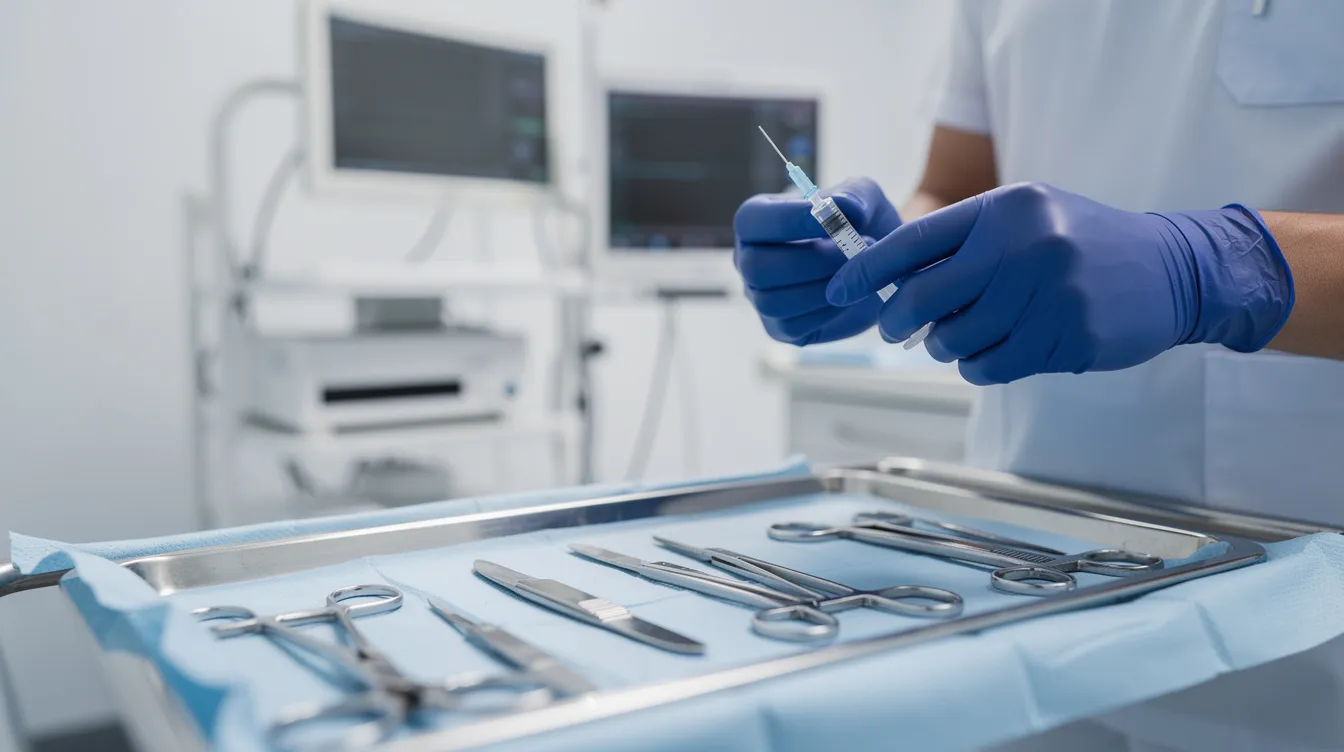 A medical professional is seen preparing a small syringe filled with a local anesthetic solution and various surgical instruments on a sterile tray, likely in anticipation of a lower eyelid surgery procedure. The setup indicates a focus on ensuring patient comfort and safety during the local anesthesia injection.
