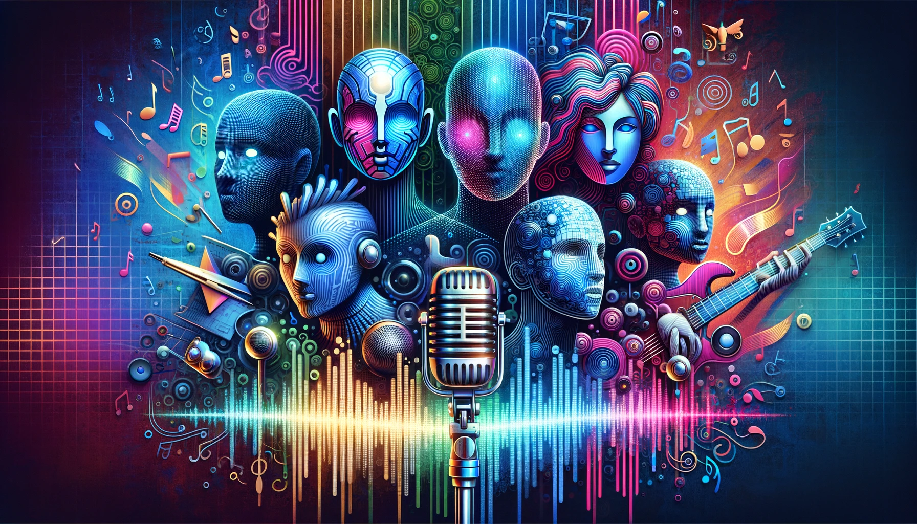 A horizontal cover image for a blog about AI singers, rappers, original AI voices, and AI character voices. The image is abstract, featuring elements like digital waveforms, abstract humanoid figures with microphones, musical notes, and representations of characters with distinct voices. The background is futuristic and vibrant with bright, contrasting colors, emphasizing the creative and innovative nature of AI in the music and entertainment industry.