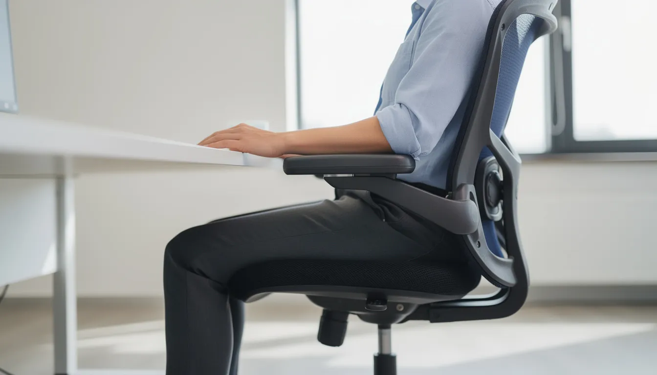 En person sitter i en ergonomisk kontorsstol med synlig meshrygg och har en bra ergonomisk hållning, sedd från sidan. Stolen erbjuder justerbart svankstöd och armstöd, vilket bidrar till ökad komfort och minskar risken för ryggproblem under längre sittande stunder.