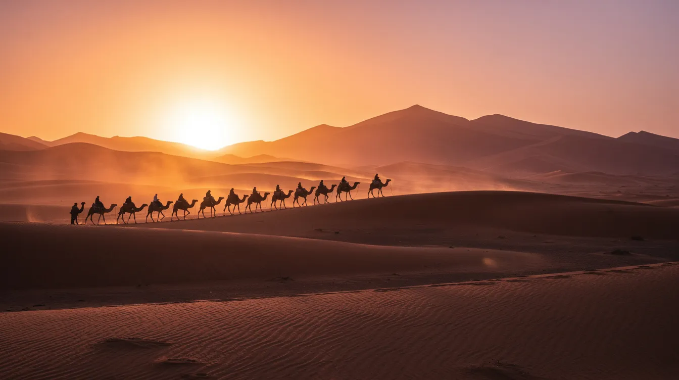A camel caravan is silhouetted against the vibrant orange sand dunes of the Moroccan Sahara Desert at sunset, creating a picturesque scene that captures the essence of a desert adventure. This stunning view highlights the golden sand dunes and the tranquil beauty of the desert landscape, making it a photographer's dream.