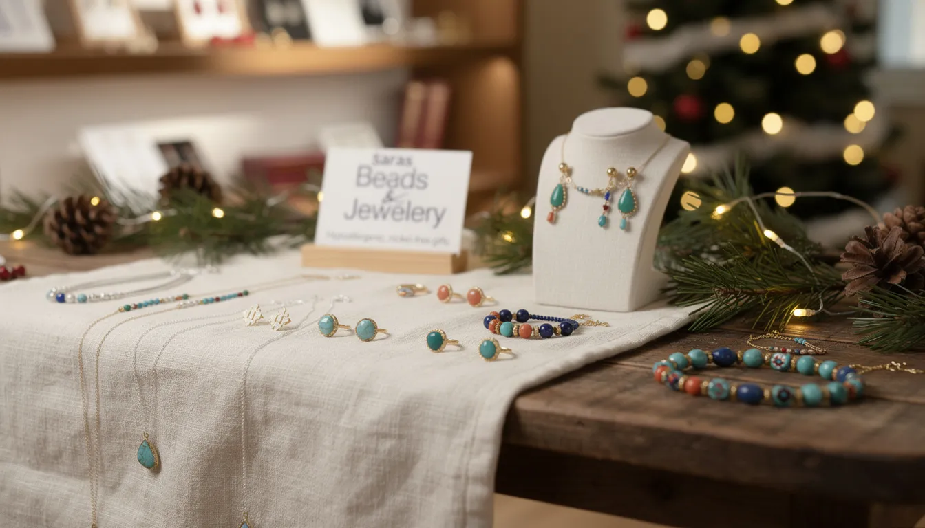The image features a stunning collection of Christmas jewellery from Saras Beads & Jewellery, showcasing an array of eye-catching sterling silver and 18K gold-plated pieces, including bracelets, necklaces, and earrings. Each handcrafted item is designed with Mediterranean inspiration, making them perfect gifts for loved ones this holiday season.
