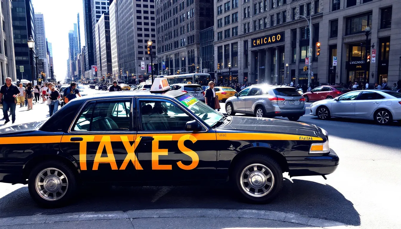 In this image, a detailed guide to Chicago taxes is displayed, highlighting crucial aspects such as tax obligations for short-term rentals, including the Chicago hotel accommodation tax and rental income considerations for Airbnb hosts. The visual emphasizes the importance of understanding local regulations and potential penalties associated with lodging taxes in the Windy City.