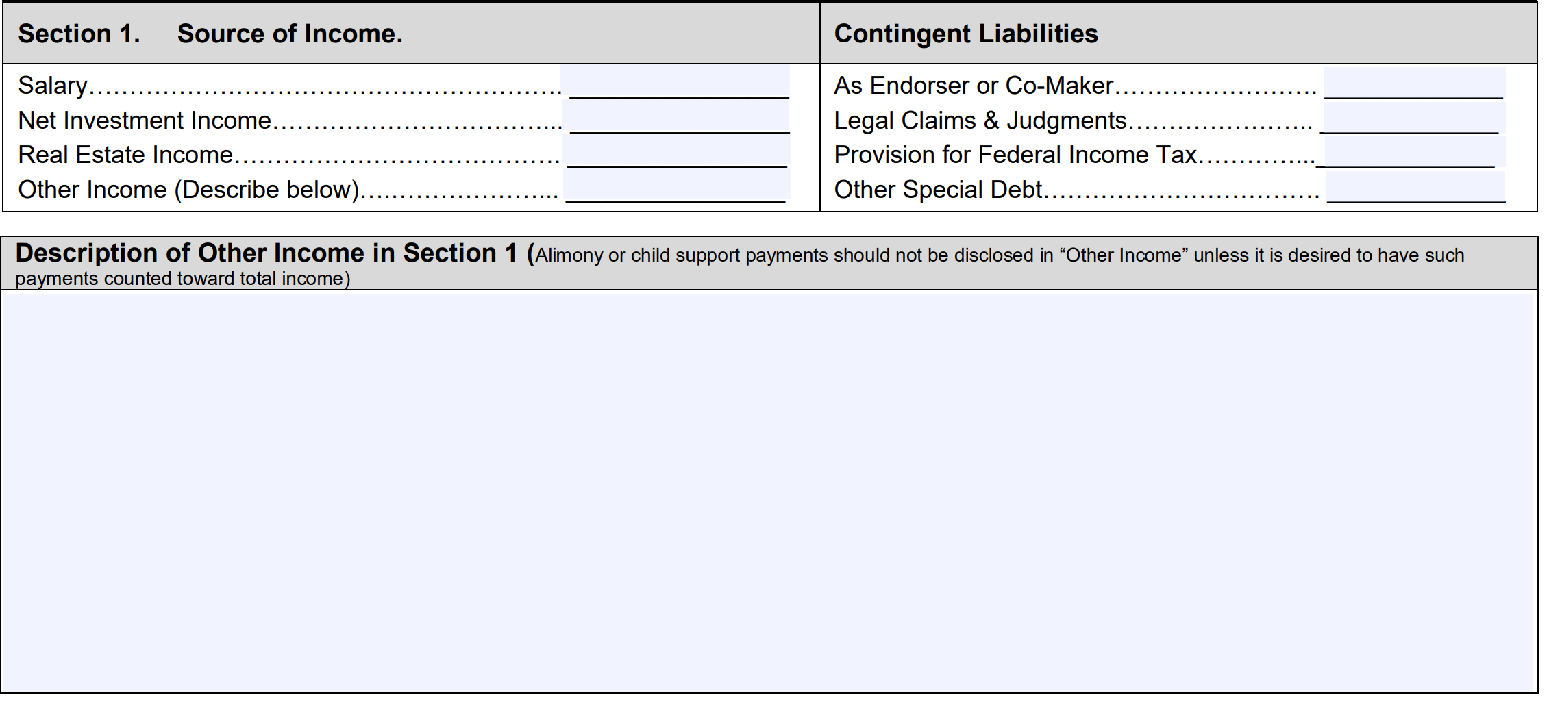 SBA form 413, SA personal financial statement, contingent liabilities