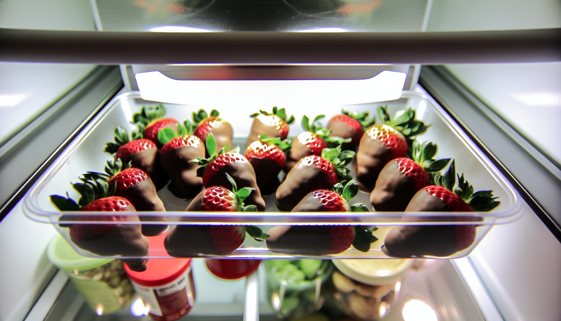 Storing chocolate-covered strawberries in an airtight container in the refrigerator