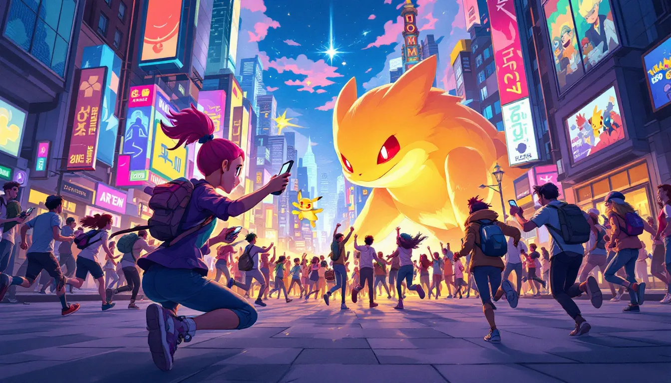 Der Pokémon Go Wahnsinn zeigt Menschen, die auf ihren Smartphones spielen.