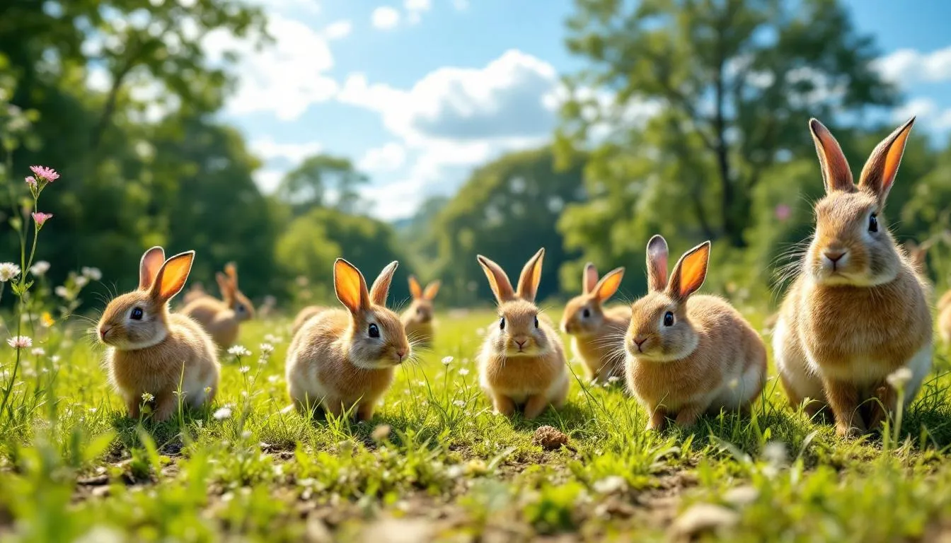 The image depicts a variety of rabbits and hares, showcasing both domesticated pet rabbits and wild rabbits in their natural habitat. The scene highlights their long ears and powerful hind legs, illustrating the differences between species like the European rabbit and the common hare.