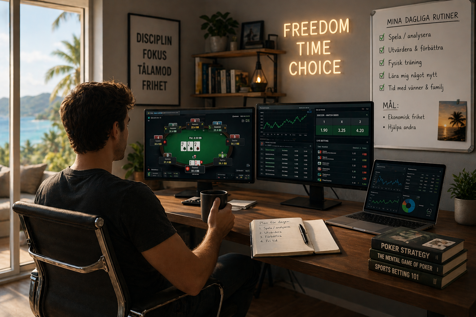 Person analyserar spel och betting med skärmar som visar statistik och pokerbord