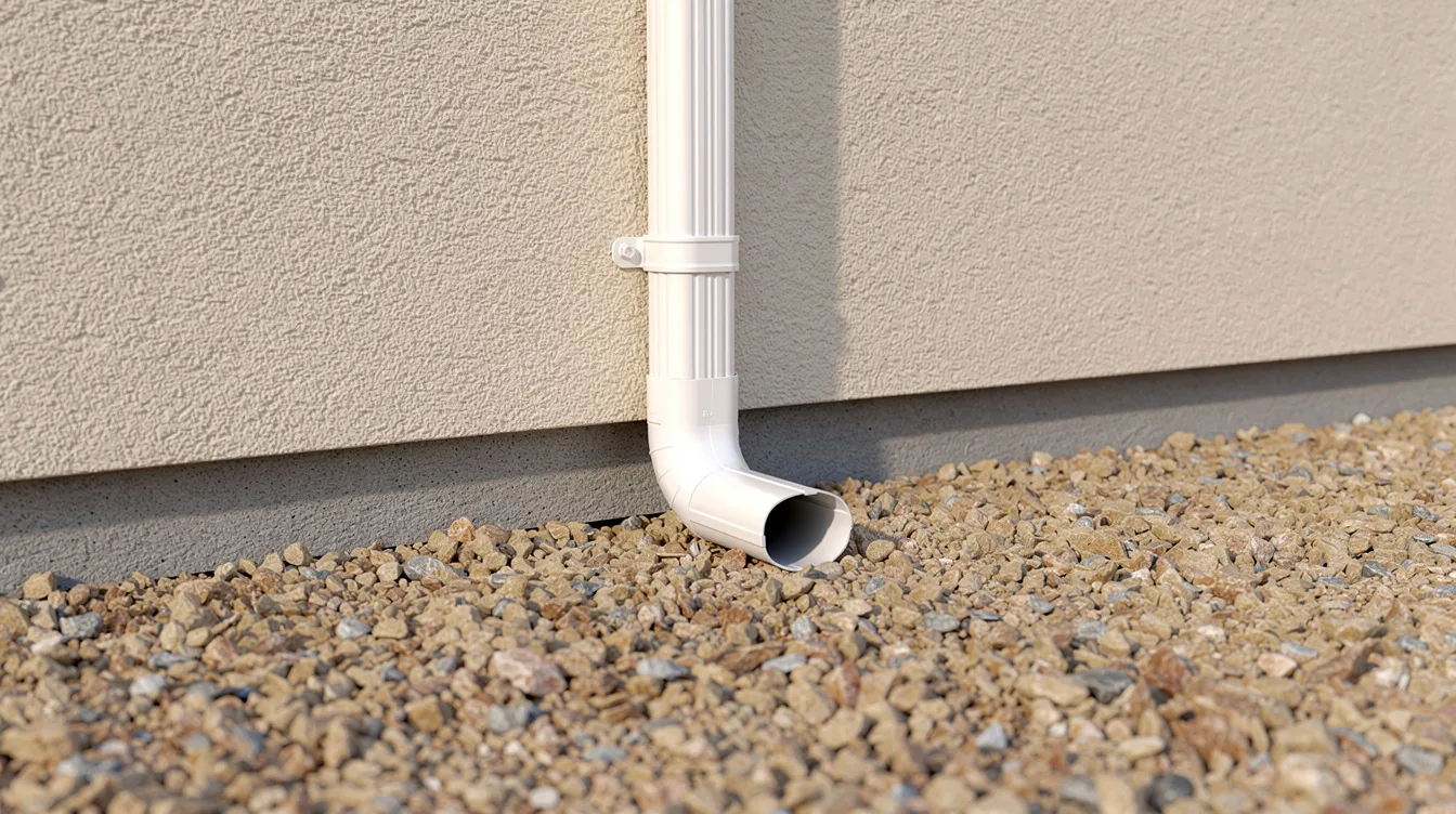 The image shows a residential downspout with an extension directing rainwater away from the foundation of a stucco home, leading onto a dry gravel yard. This setup helps prevent water damage to the property, making it an effective drainage solution for homeowners in the Pueblo area.