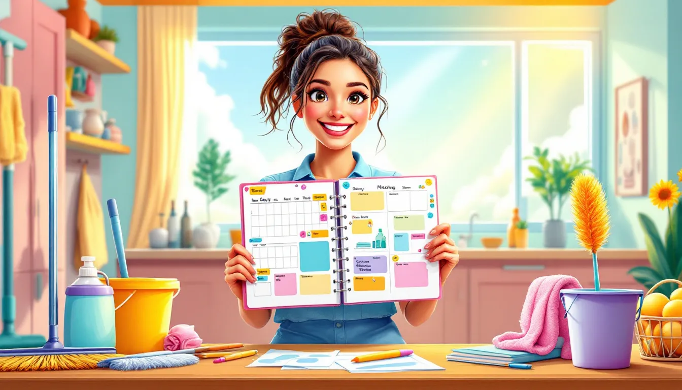Flexible scheduling options for cleaning services illustrated with a planner and cleaning supplies.