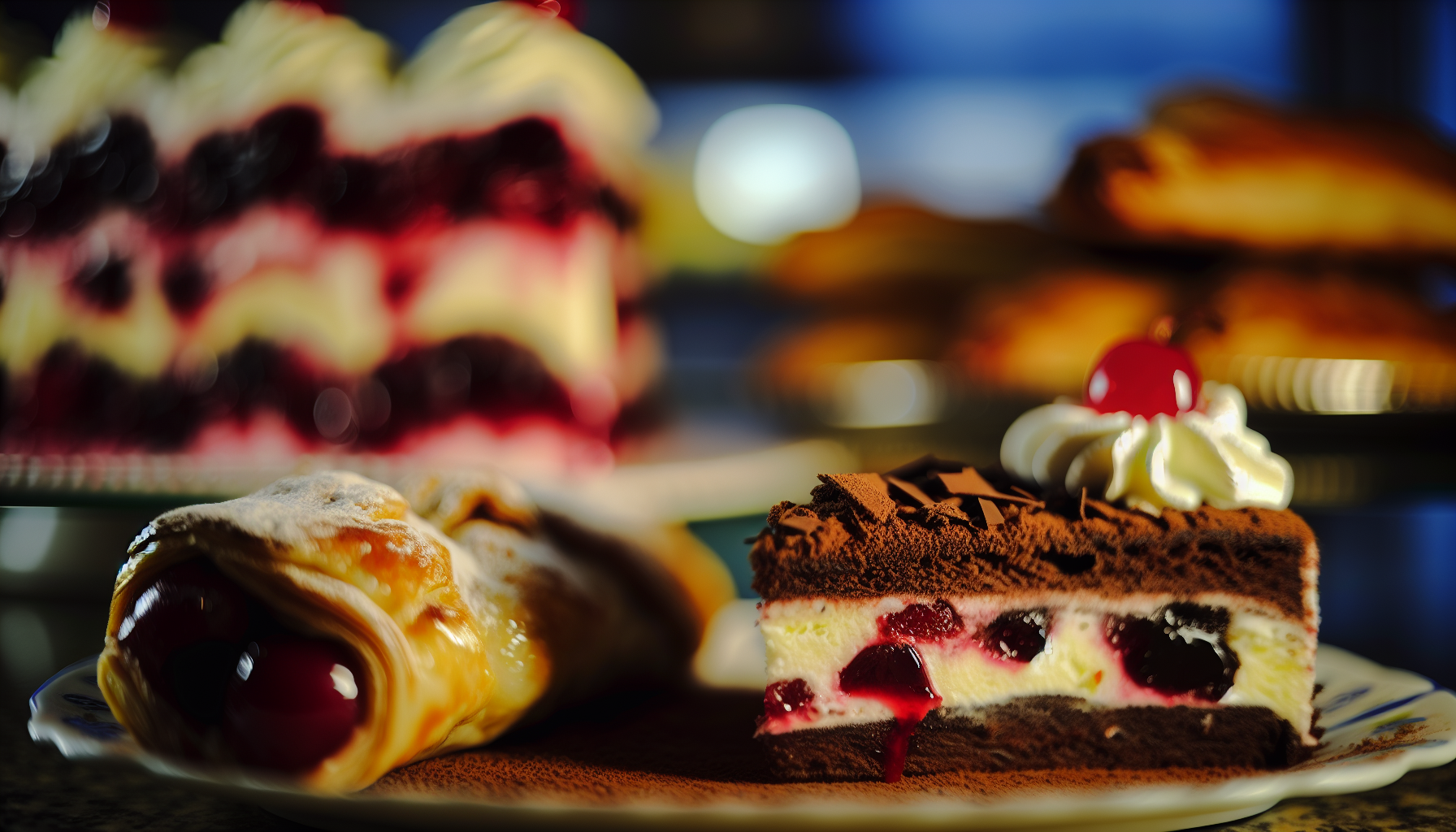 Indulgent desserts: Black Forest cake and apple strudel