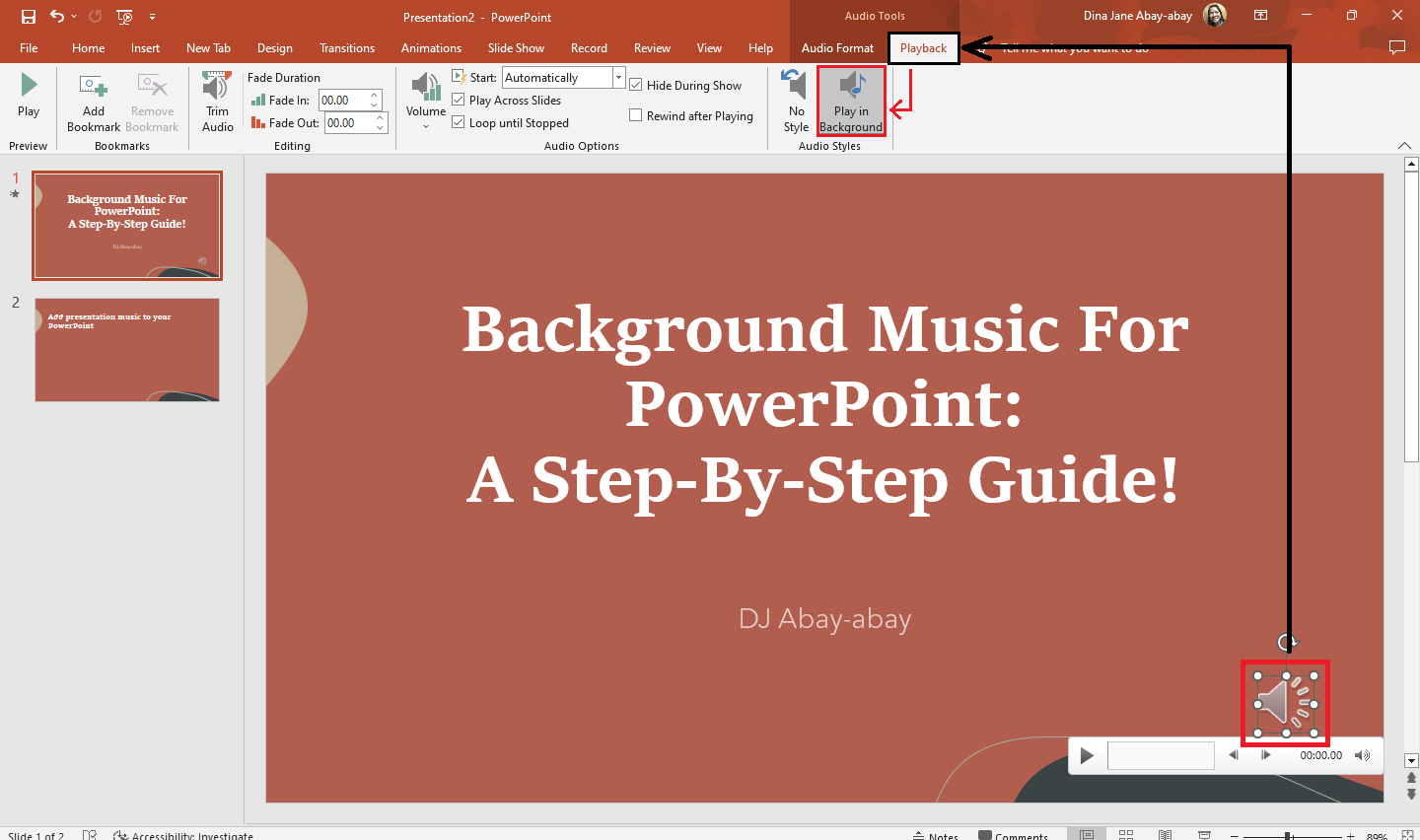 After you audio file appear on your presentation slide, go to "Playback" tab and click "Play in Background."