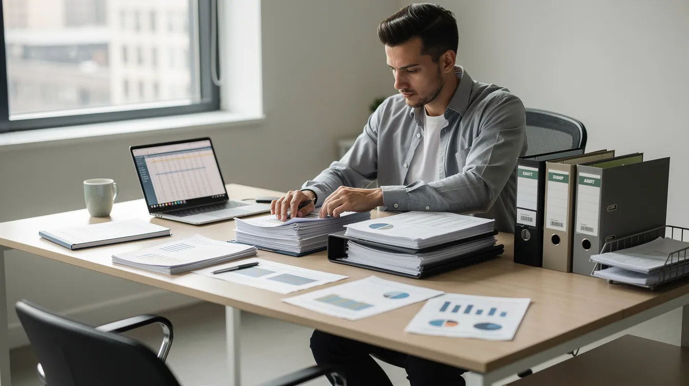 83c694be 7c06 43cc 91b5 f3dc6562fcc8 An entrepreneur is seated at a desk, meticulously organizing various business documents and files, including bank statements and utility bills, essential for applying for a business loan under the Pradhan Mantri Mudra Yojana. The workspace reflects a focus on financial assistance and business planning, crucial for small enterprises seeking to secure funding and navigate their credit needs.