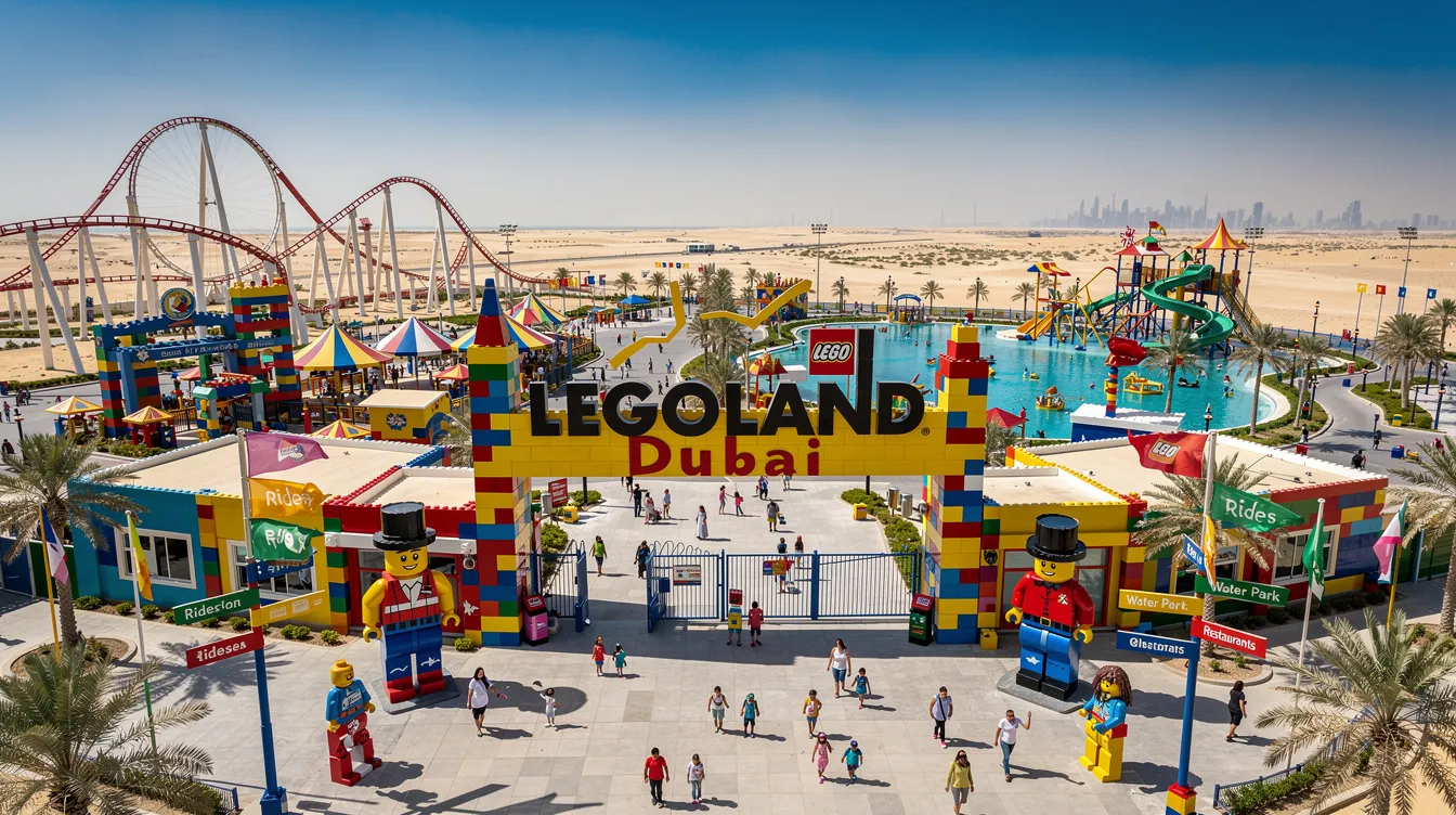 A imagem mostra o parque temático Legoland Dubai, localizado nos Emirados Árabes Unidos, com suas coloridas estruturas de Lego e atrações voltadas para crianças. Ao fundo, é possível ver a arquitetura moderna de Dubai, refletindo a fusão entre diversão e inovação na região do Oriente Médio.