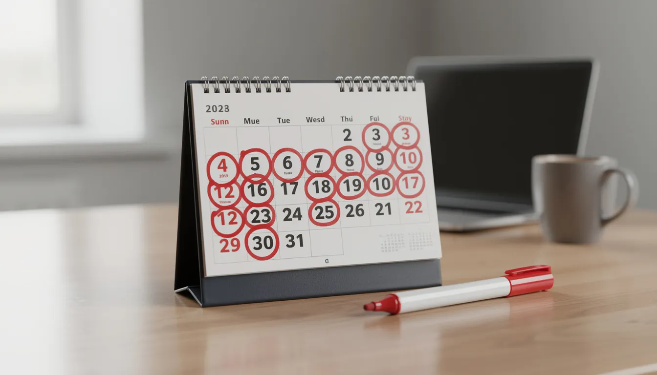 The image shows a desk calendar with several important dates circled in red marker, indicating deadlines for personal injury claims and the statute of limitations for filing legal action in Texas. This visual serves as a reminder for an injured person to seek consultation with an experienced personal injury attorney to ensure they meet the limitations period for their case.