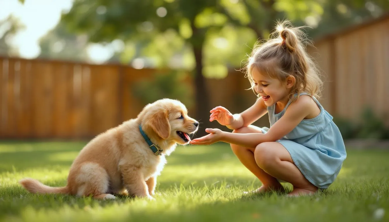 In a sunny backyard, a petite goldendoodle with a curly coat playfully interacts with a young child, showcasing their sweet temperament and eagerness for socialization. The scene captures a joyful moment of companionship between the pup and the child, highlighting the playful nature of both.