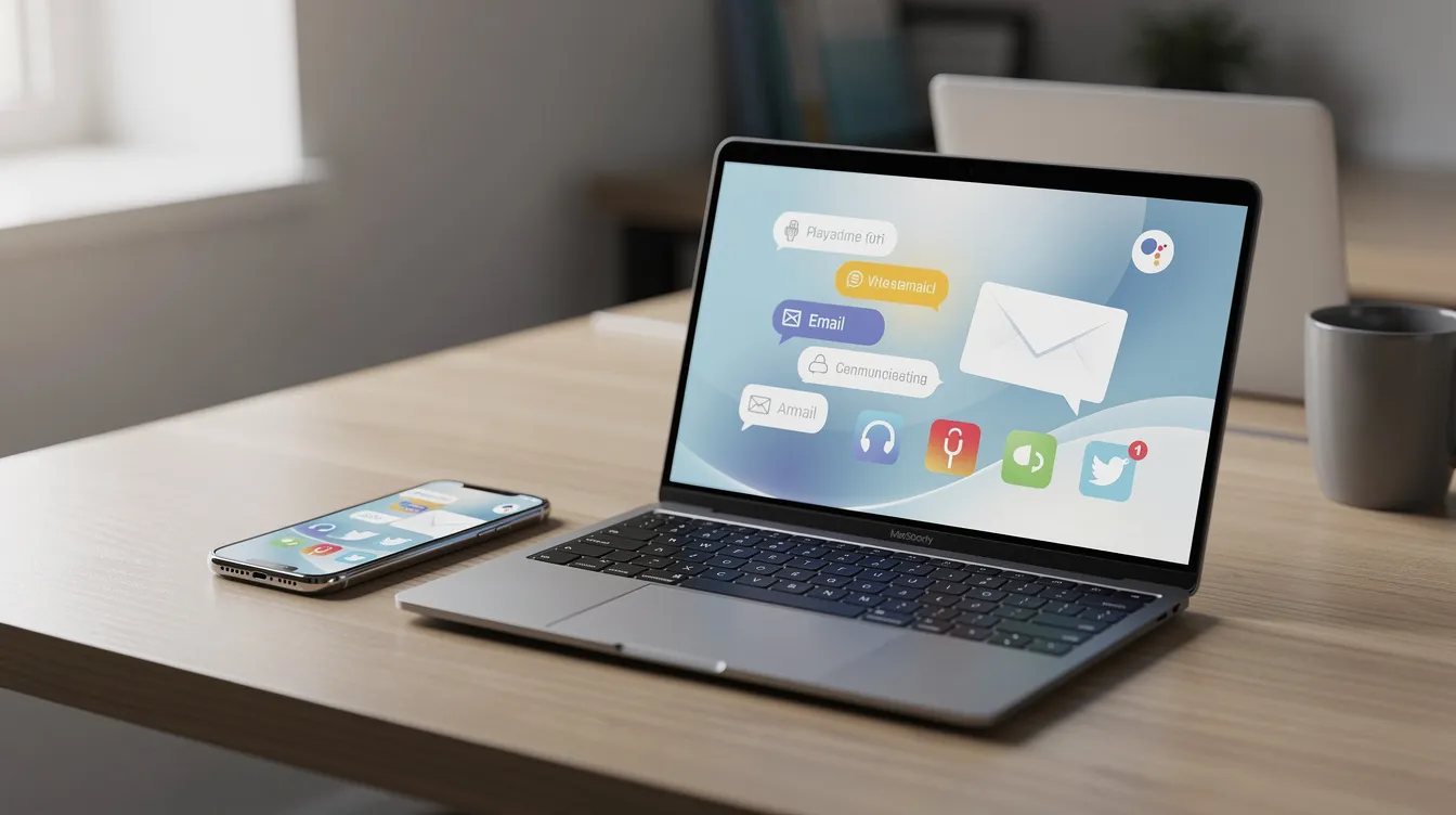 The image shows a smartphone and a laptop side by side on a desk, symbolizing multi-channel communication in sales strategies. This setup highlights the importance of using different sequences and touchpoints to engage prospects effectively throughout their buyer's journey.