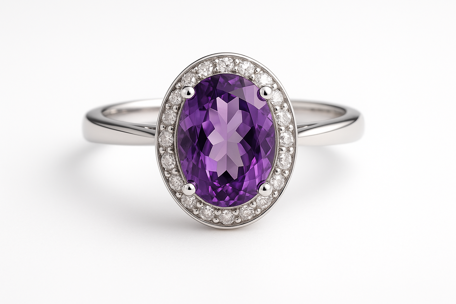 Sužadėtuvių žiedas halo dizaino su ovalo formos ametistu centre ir smulkiais deimantais aplinku