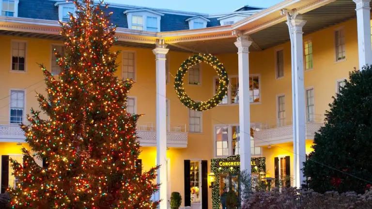 Congress Hall in Cape May decorated for the holidays with a large Christmas tree and festive lights during Winter Wonderland.