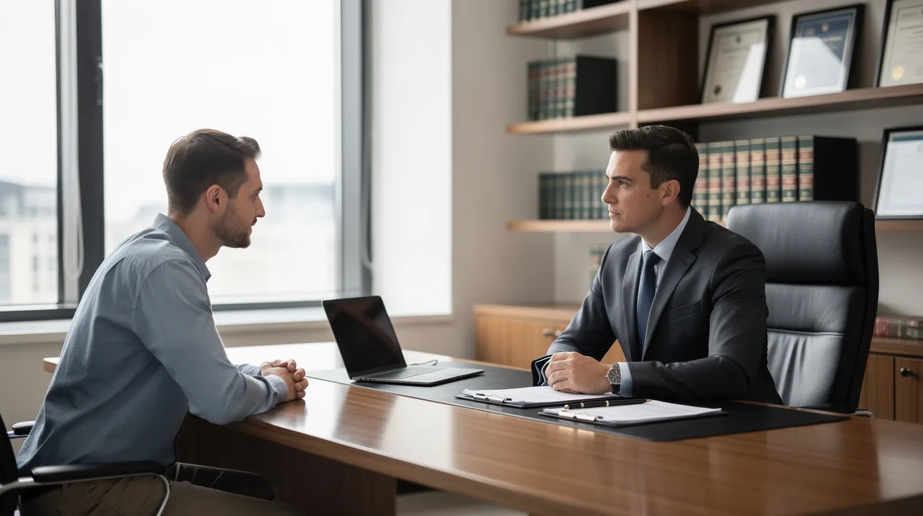 The image depicts a professional meeting between an attorney and a client in an office setting, where they are discussing potential bad faith insurance claims and the implications of the insurance company's conduct on their case. The attorney appears engaged, providing guidance on how to establish bad faith and navigate the complexities of insurance law.