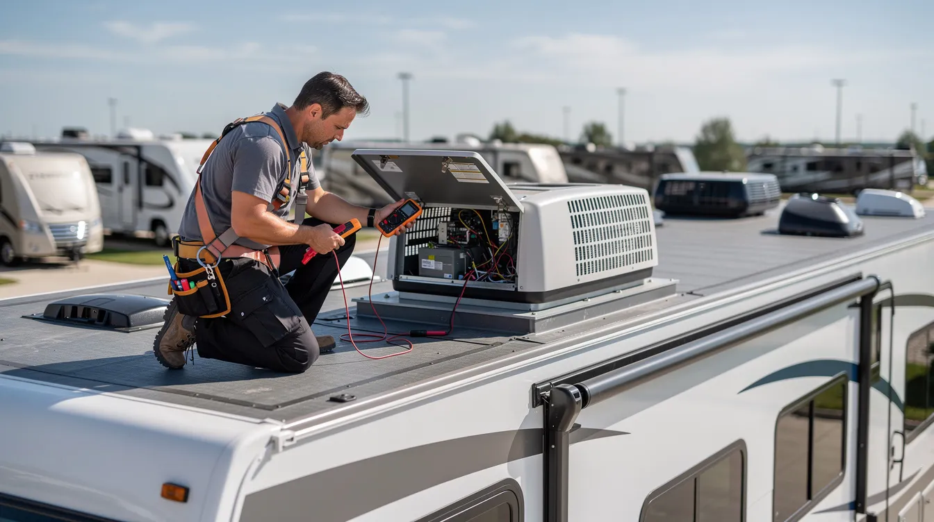 A certified technician is inspecting the roof air conditioning unit on a large motorhome, part of routine maintenance for mobile RV repair services. The technician is using tools to diagnose any potential issues, ensuring the RV is ready for its next trip.
