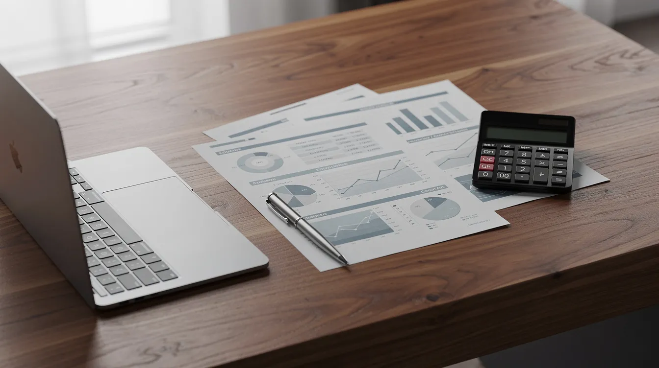 The image features a professional wooden desk neatly arranged with essential business financial documents, a calculator, a laptop, and a pen, symbolizing the preparation of a strong business plan for an E2 visa application. The setup reflects an organized workspace conducive to creating financial projections and operational strategies for a bona fide enterprise.