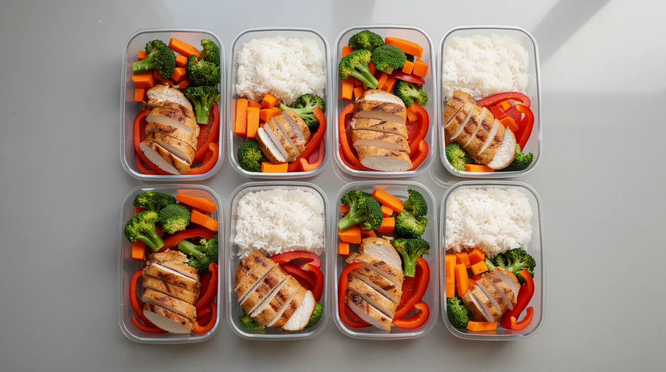 The image shows a vibrant array of meal prep containers filled with colorful rice, fresh vegetables, and grilled chicken, neatly arranged on a kitchen counter. This visually appealing setup highlights the importance of budgeting for college students, as preparing meals at home can be a great way to save money and manage food shopping expenses.