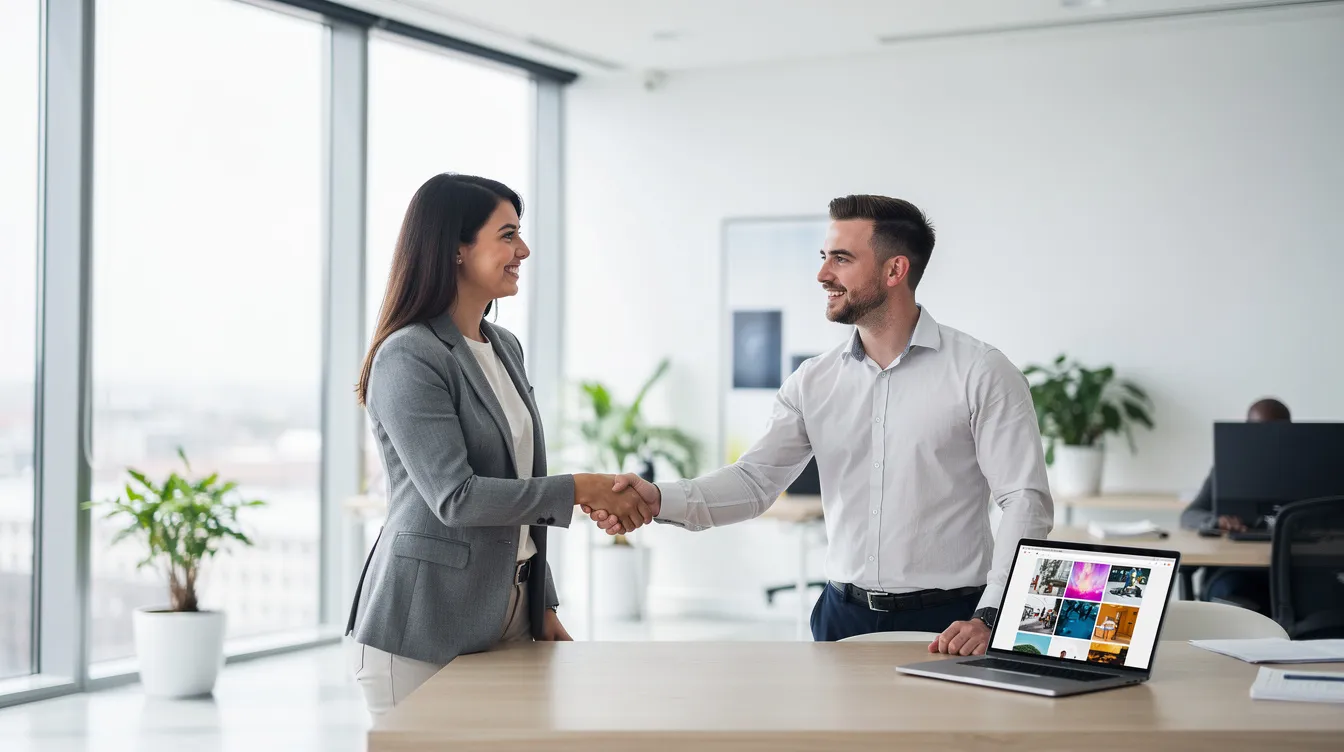 In a bright modern office, a small business owner shakes hands with a web developer, symbolizing a partnership in creating a new website. The scene highlights the importance of communication skills and technical expertise in web development for building a successful online presence.