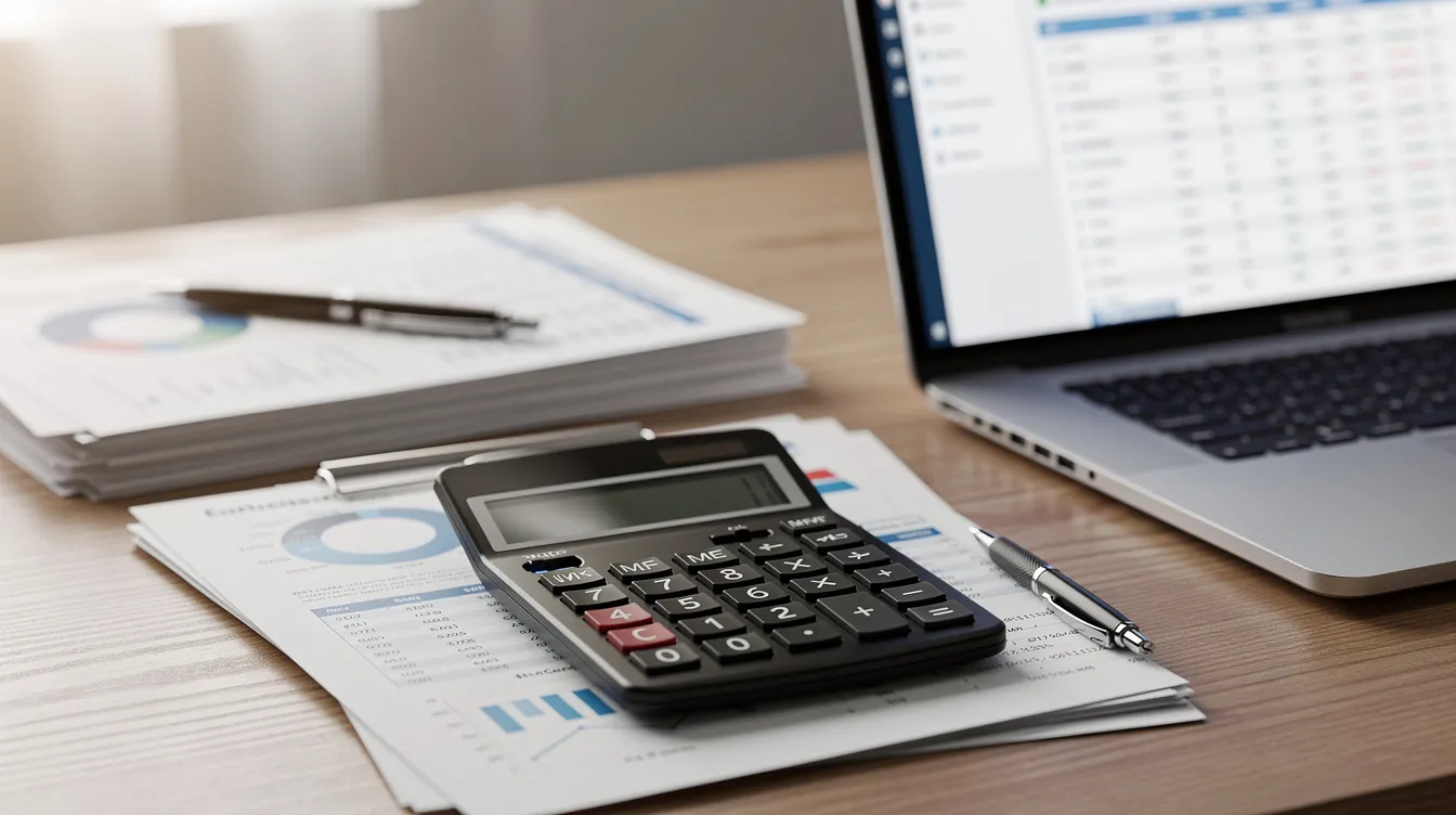 The image shows a calculator placed on a desk alongside financial reports and a laptop, suggesting a workspace focused on data management and project planning. This setup is ideal for teams considering Airtable's pricing plans, including options for small teams and enterprise scale solutions.