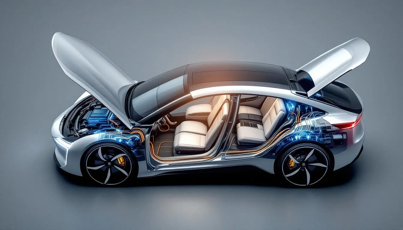 An electric vehicle with visible electrical system components, highlighting common electrical system problems.