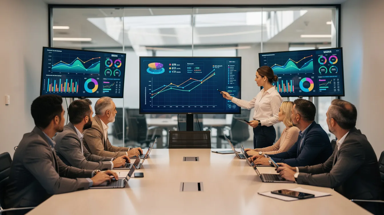 Un team di professionisti lavora collaborativamente in una sala riunioni, analizzando dashboard digitali che mostrano dati critici per la gestione dei fornitori e il processo decisionale. L'ambiente è caratterizzato da schermi che visualizzano analisi di performance dei fornitori e indicatori di rischio, sottolineando l'importanza dell'intelligenza artificiale e della qualificazione dei fornitori.
