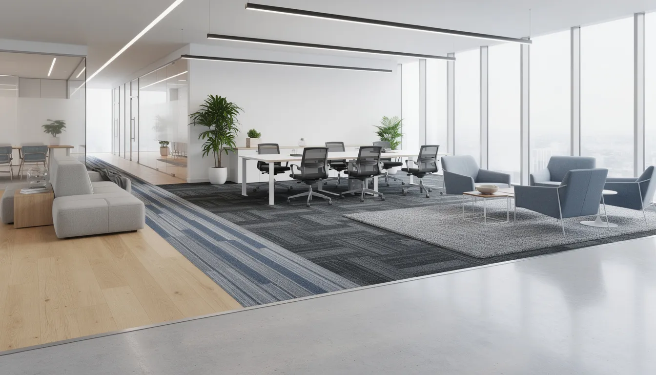 The image showcases a modern commercial building interior featuring various flooring zones, including different types of carpets and hard surfaces. This setting highlights the importance of professional carpet cleaning services to maintain clean carpets and tackle tough stains in high traffic areas.