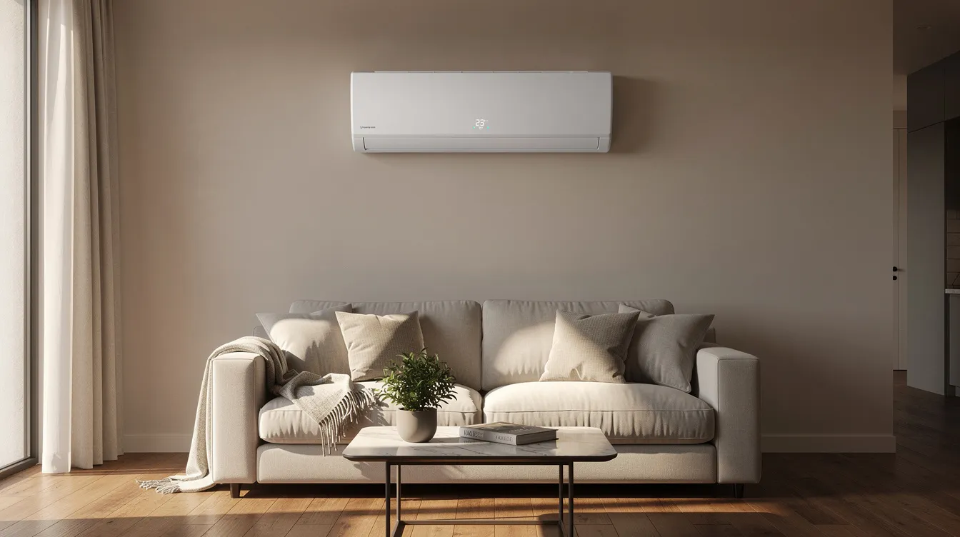 The image depicts a cozy residential home featuring a modern indoor mini-split air conditioning system, designed for energy efficiency. The indoor unit is seamlessly integrated into the room, providing cool air to enhance indoor air quality and comfort.