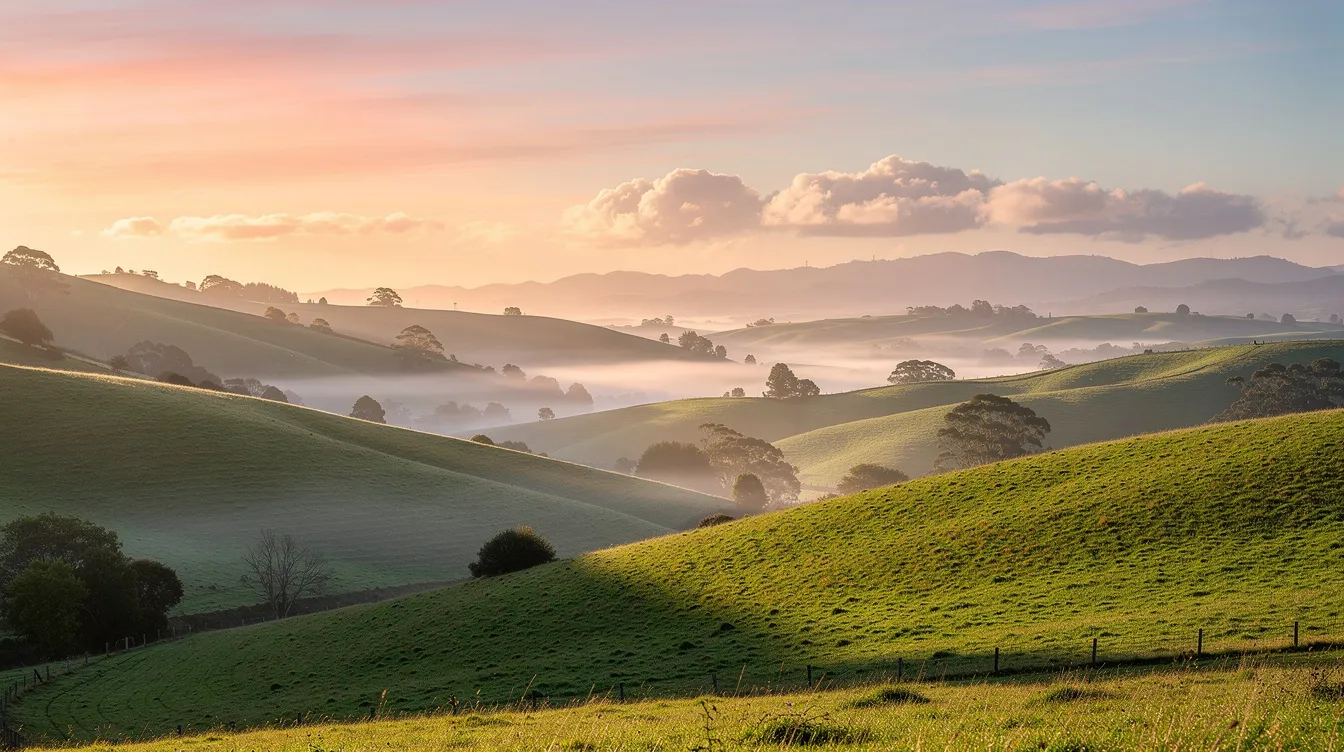 The image depicts a serene sunrise over the rolling hills of New Zealand, bathed in soft morning light that hints at the arrival of longer daylight hours. This tranquil scene captures the beauty of New Zealand's landscape, symbolizing the beginning of a new day, reminiscent of the changes brought by daylight saving time.
